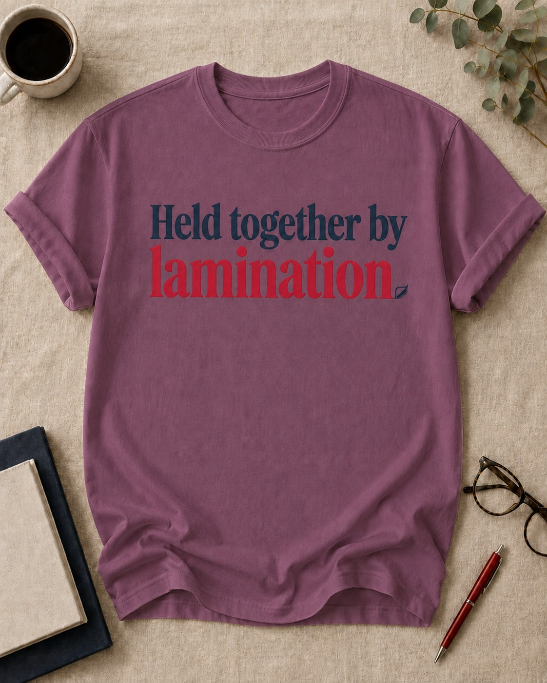 Held together by lamination — teacher t-shirt in Berry, flat lay