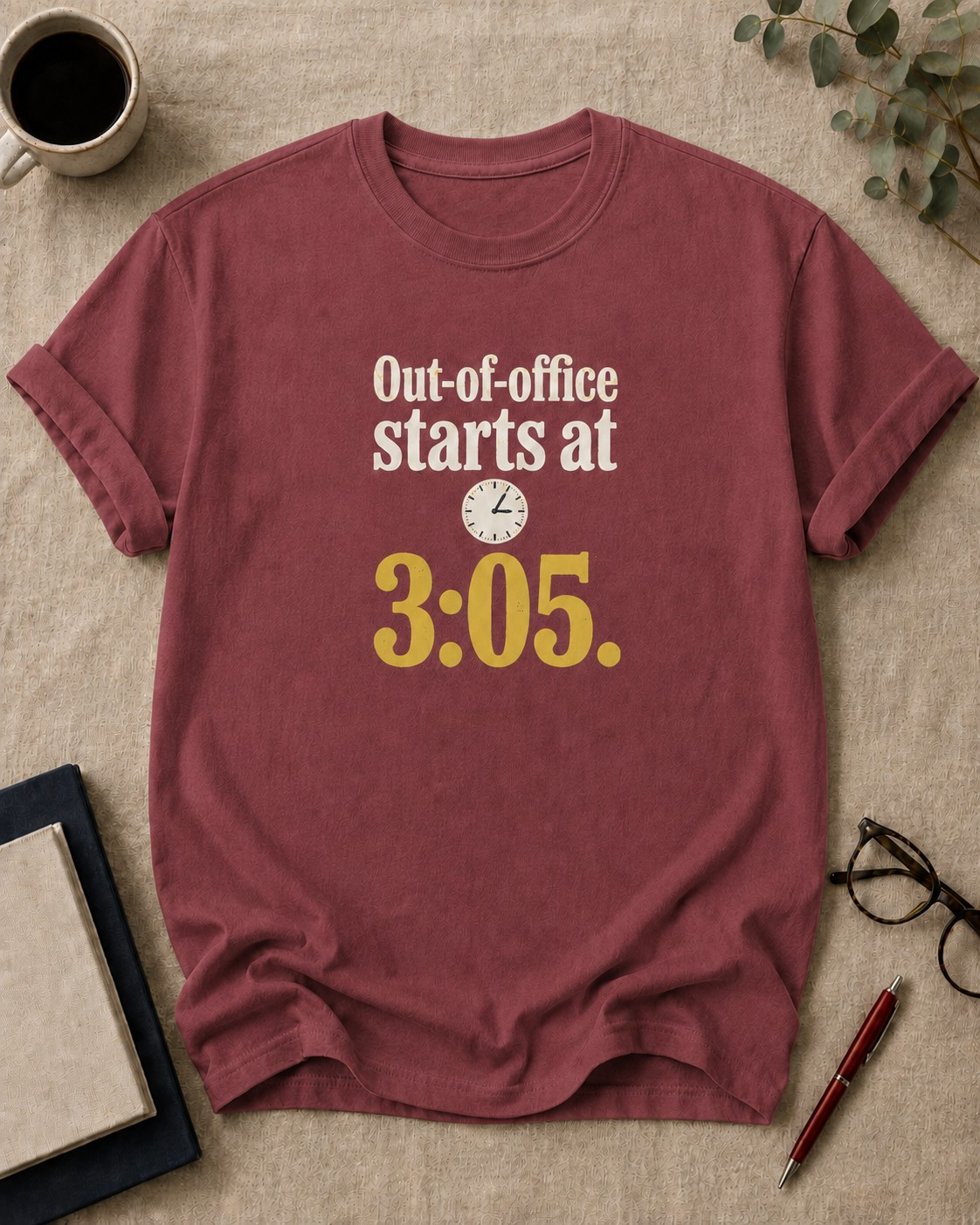 Out-of-office starts at 3:05 — teacher t-shirt in Brick, flat lay