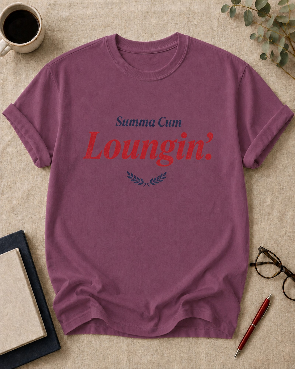 Summa Cum Loungin' — teacher t-shirt in Berry, flat lay