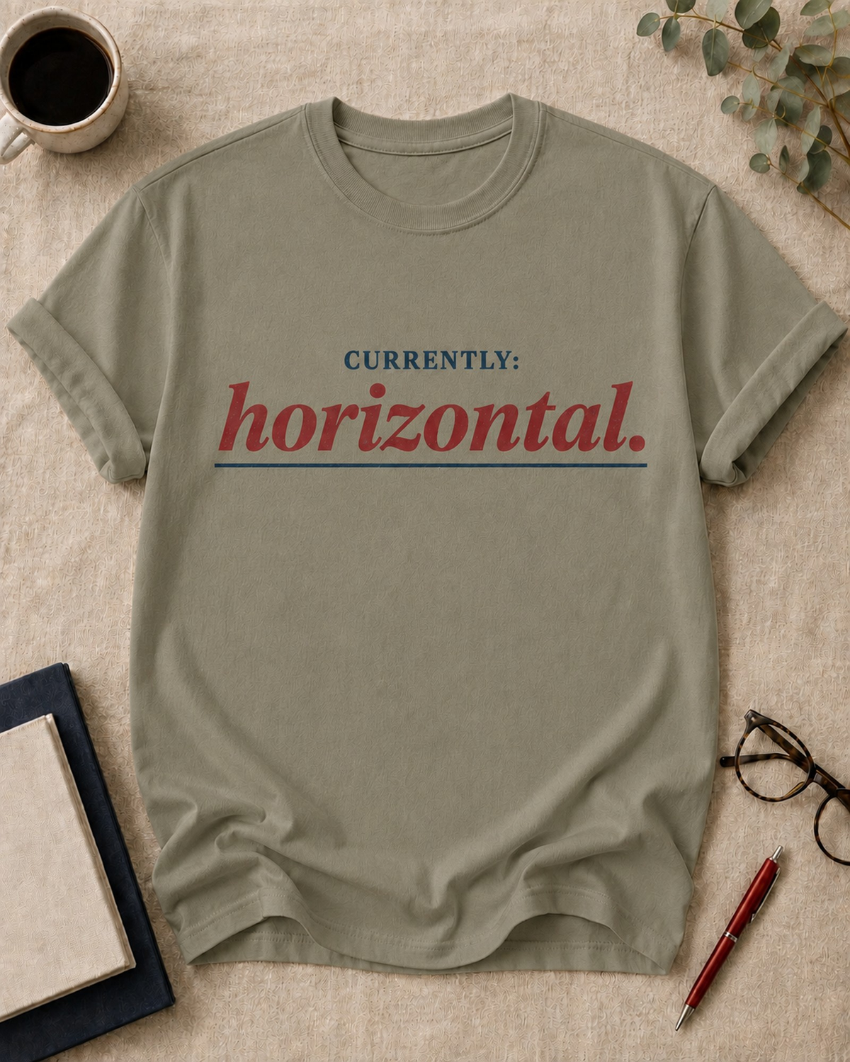 Currently: horizontal — teacher t-shirt in Khaki, flat lay