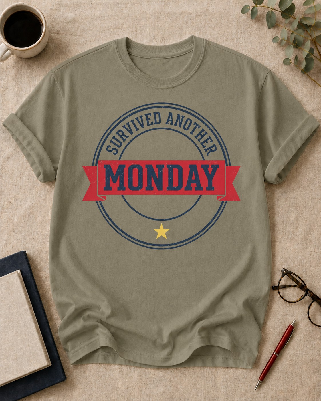 Survived another Monday — teacher t-shirt in Khaki, flat lay