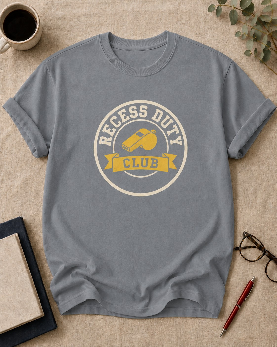 Recess Duty Club — teacher t-shirt in Granite, flat lay