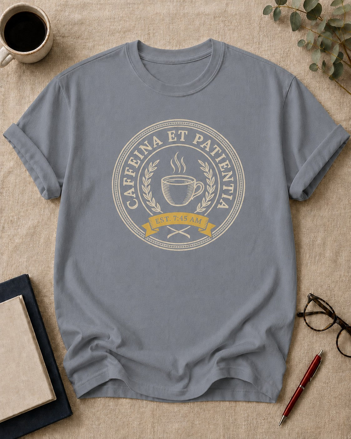 Caffeina et Patientia — teacher t-shirt in Granite, flat lay