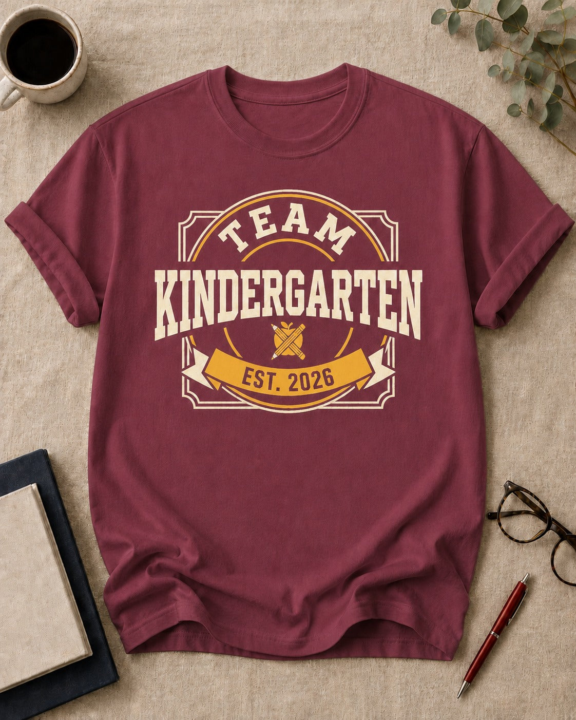 Team Kindergarten — teacher t-shirt in Brick, flat lay
