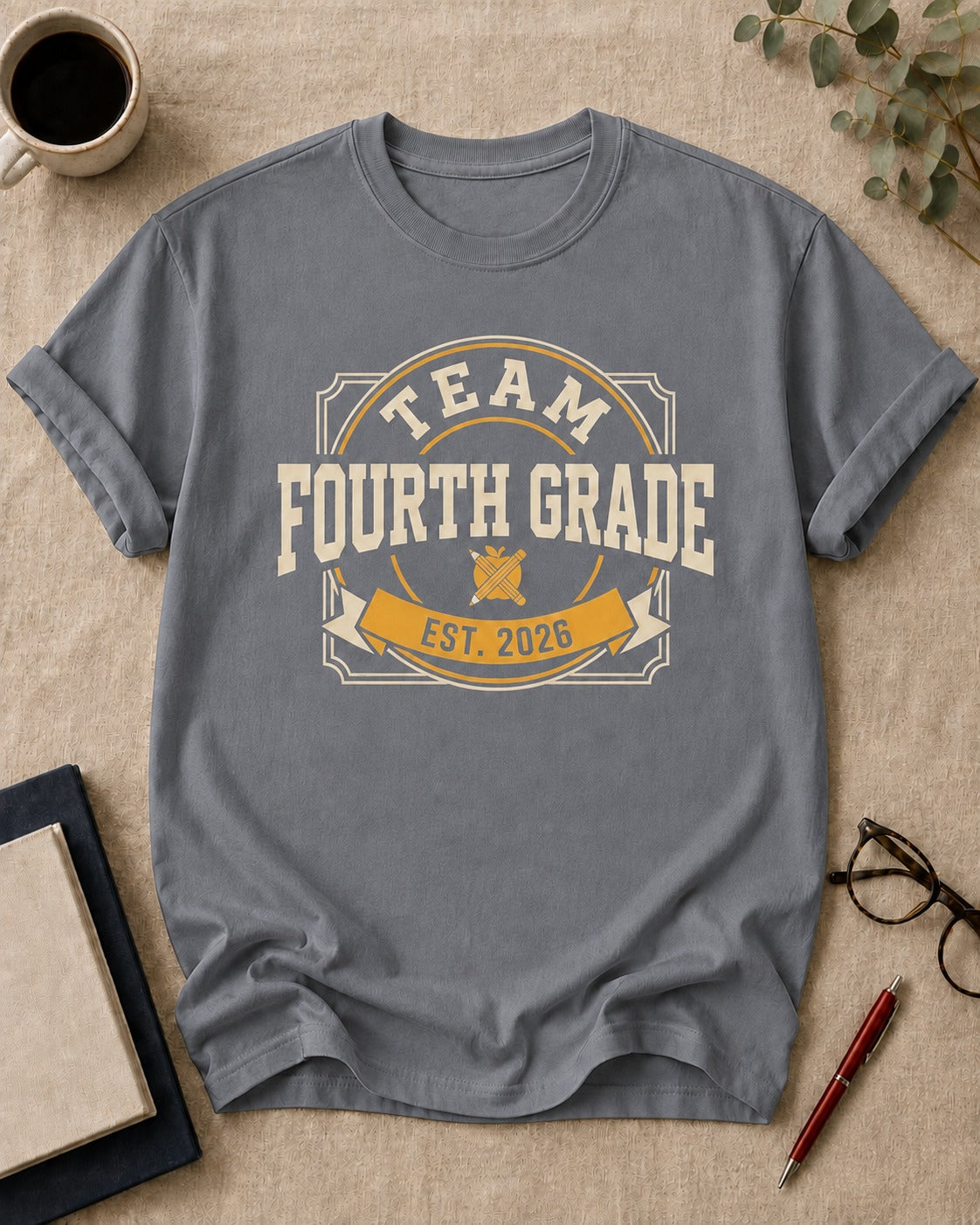 Team Fourth Grade — teacher t-shirt in Granite, flat lay