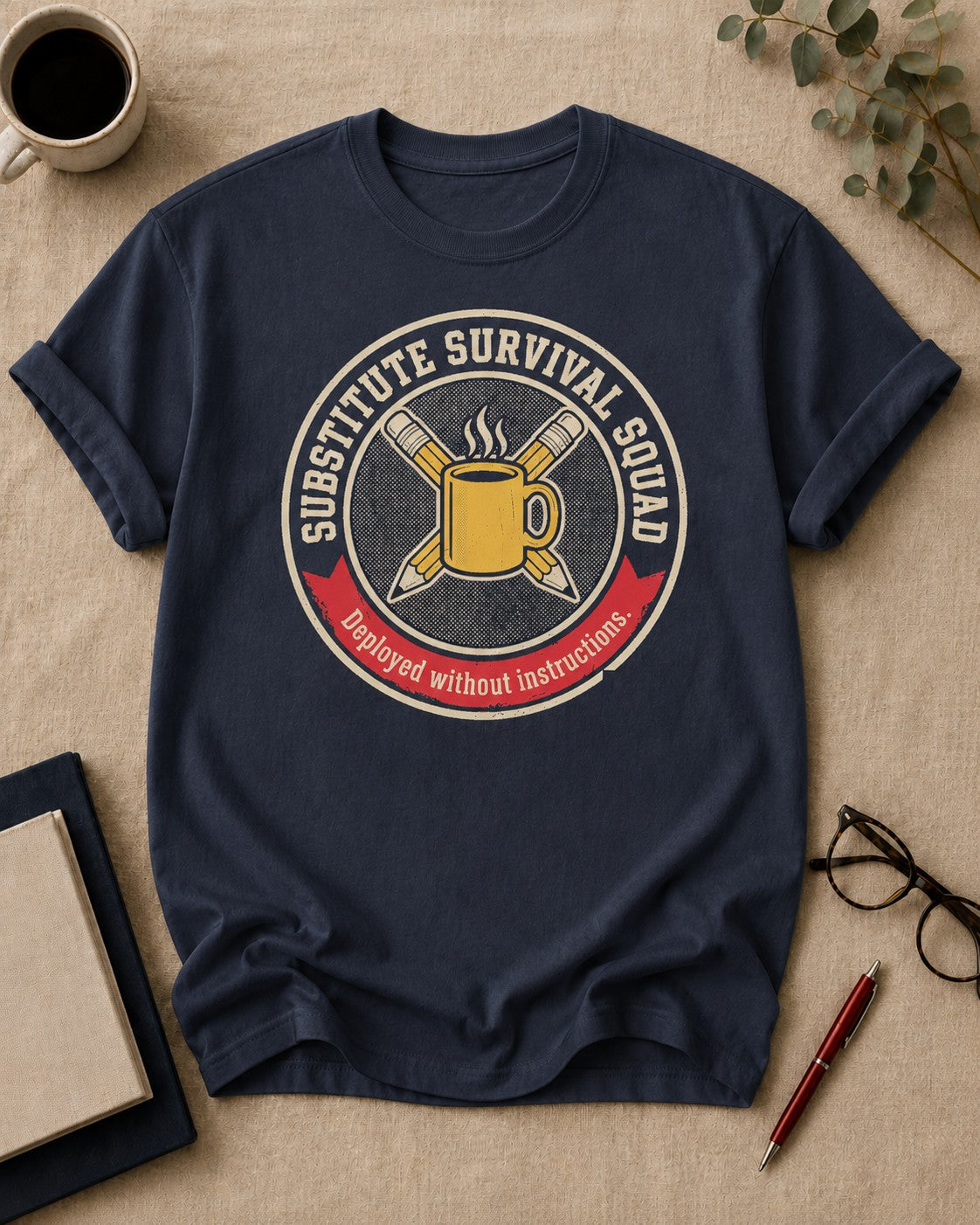 Substitute Survival Squad — teacher t-shirt in True Navy, flat lay