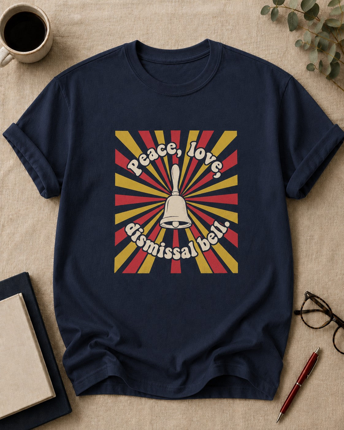 Peace, love, dismissal bell — teacher t-shirt in True Navy, flat lay