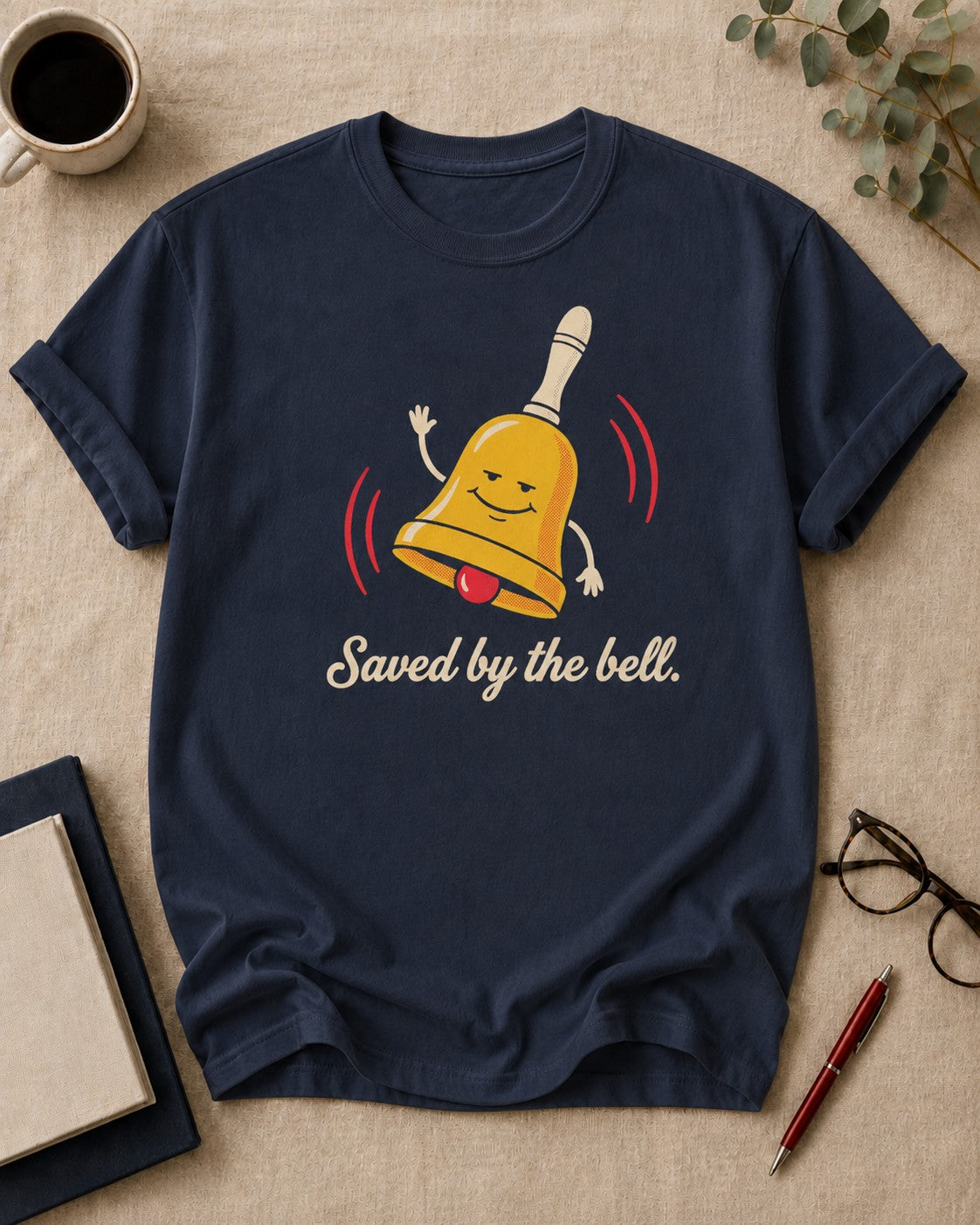 Saved by the bell — teacher t-shirt in True Navy, flat lay