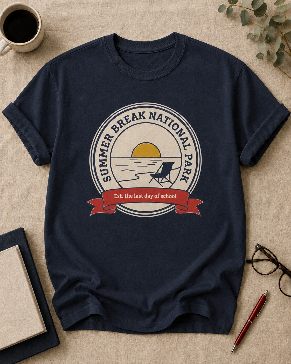 Summer Break National Park — teacher t-shirt in True Navy, flat lay