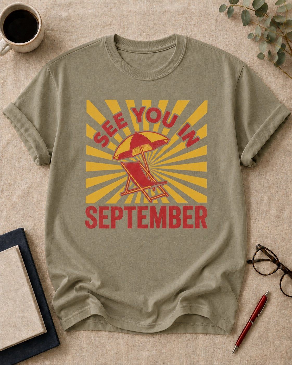 See you in September — teacher t-shirt in Khaki, flat lay