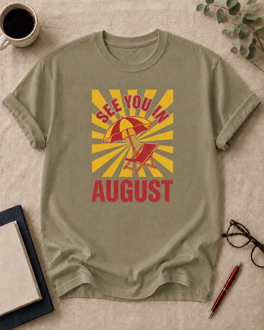 See you in August — teacher t-shirt in Khaki, flat lay