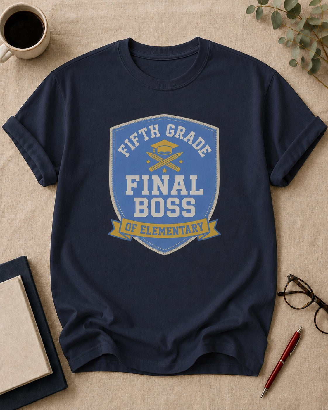 Fifth Grade Final Boss of Elementary — teacher t-shirt in True Navy, flat lay