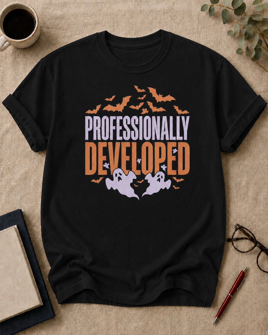 Professionally Developed — teacher t-shirt in Black, flat lay
