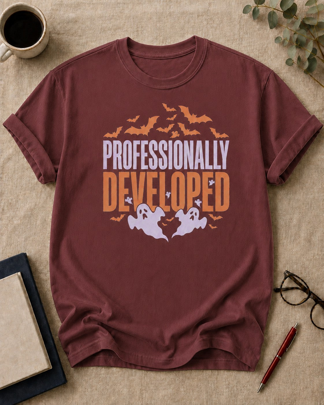 Professionally Developed — teacher t-shirt in Brick, flat lay