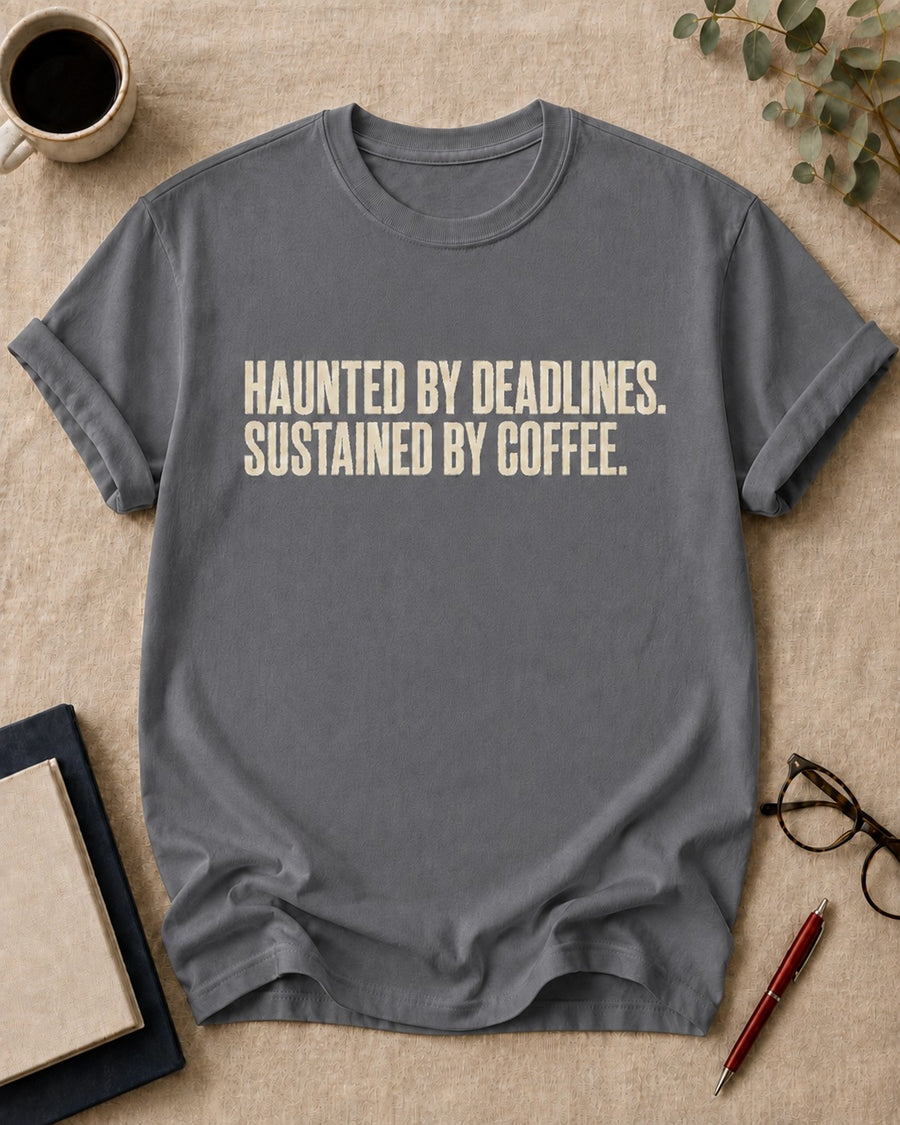 Haunted by Deadlines. Sustained by Coffee — teacher t-shirt in Granite, flat lay