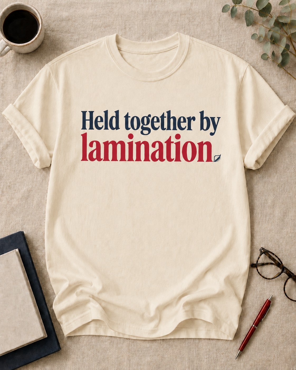 Held together by lamination — teacher t-shirt in Ivory, flat lay