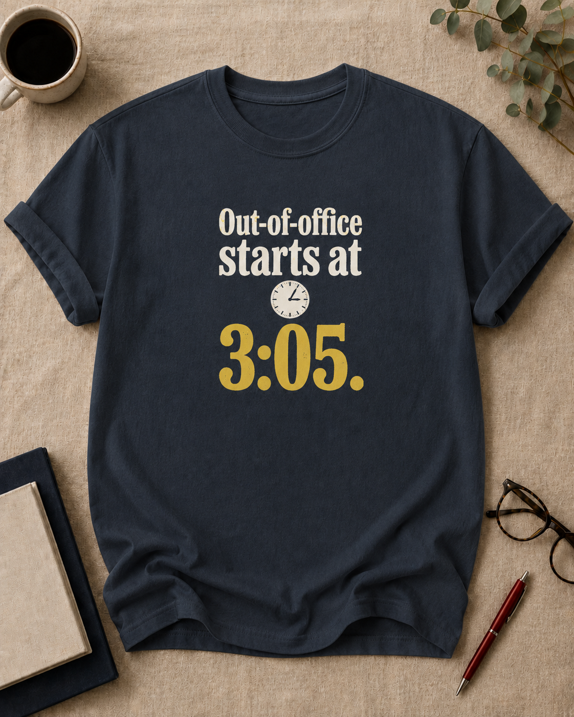 Out-of-office starts at 3:05 — teacher t-shirt in True Navy, flat lay