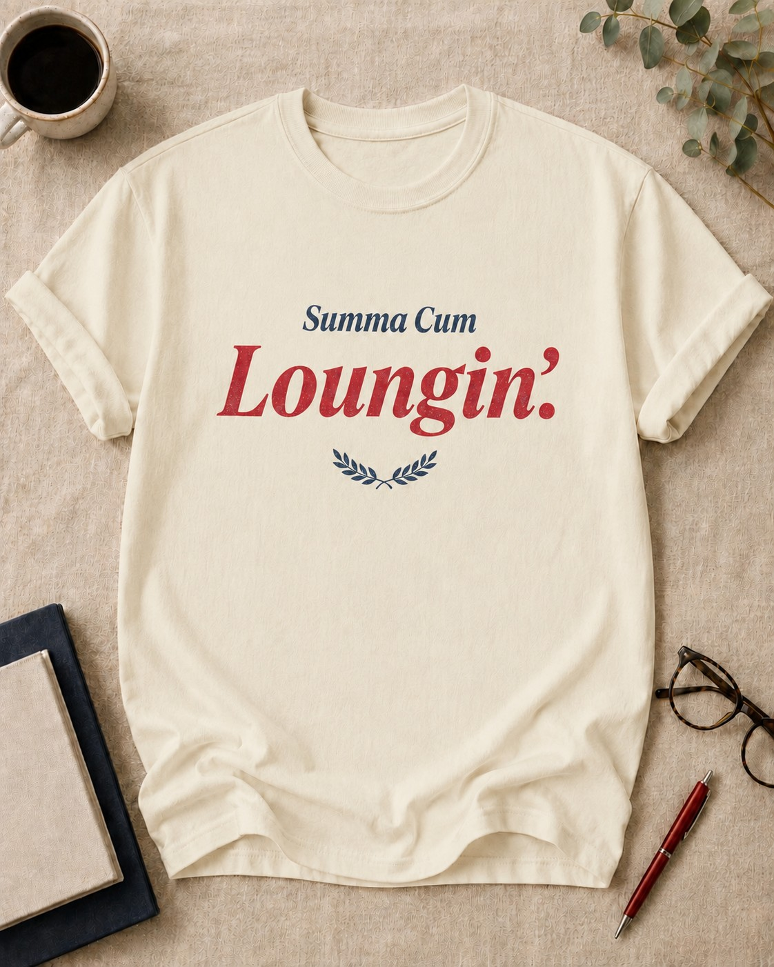 Summa Cum Loungin' — teacher t-shirt in Ivory, flat lay