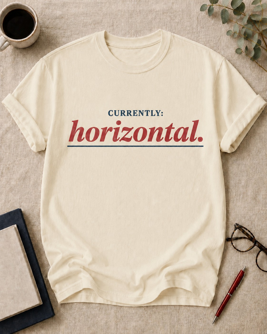 Currently: horizontal — teacher t-shirt in Ivory, flat lay