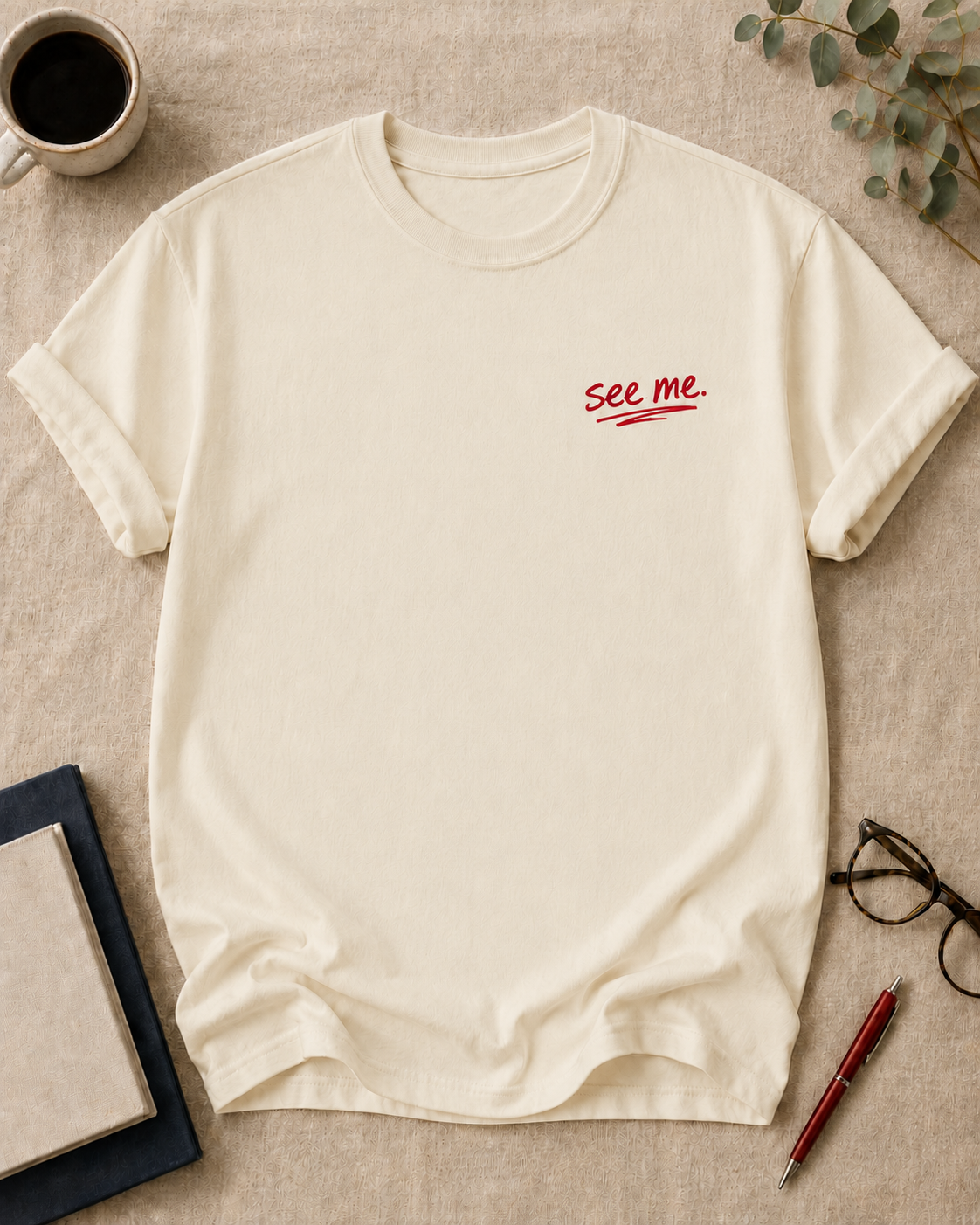 see me — teacher t-shirt in Ivory, flat lay
