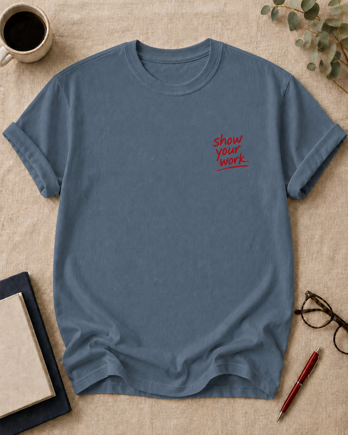 show your work — teacher t-shirt in Blue Jean, flat lay