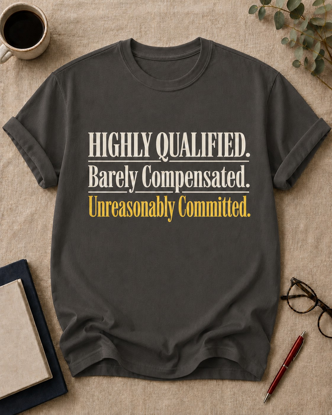 Highly Qualified. Barely Compensated. Unreasonably Committed — teacher t-shirt in Pepper, flat lay