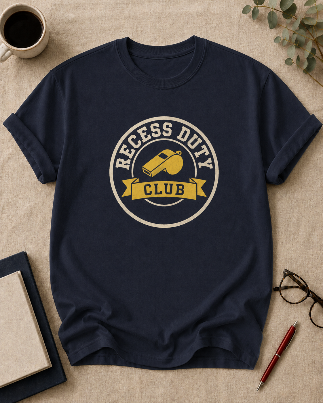 Recess Duty Club — teacher t-shirt in True Navy, flat lay