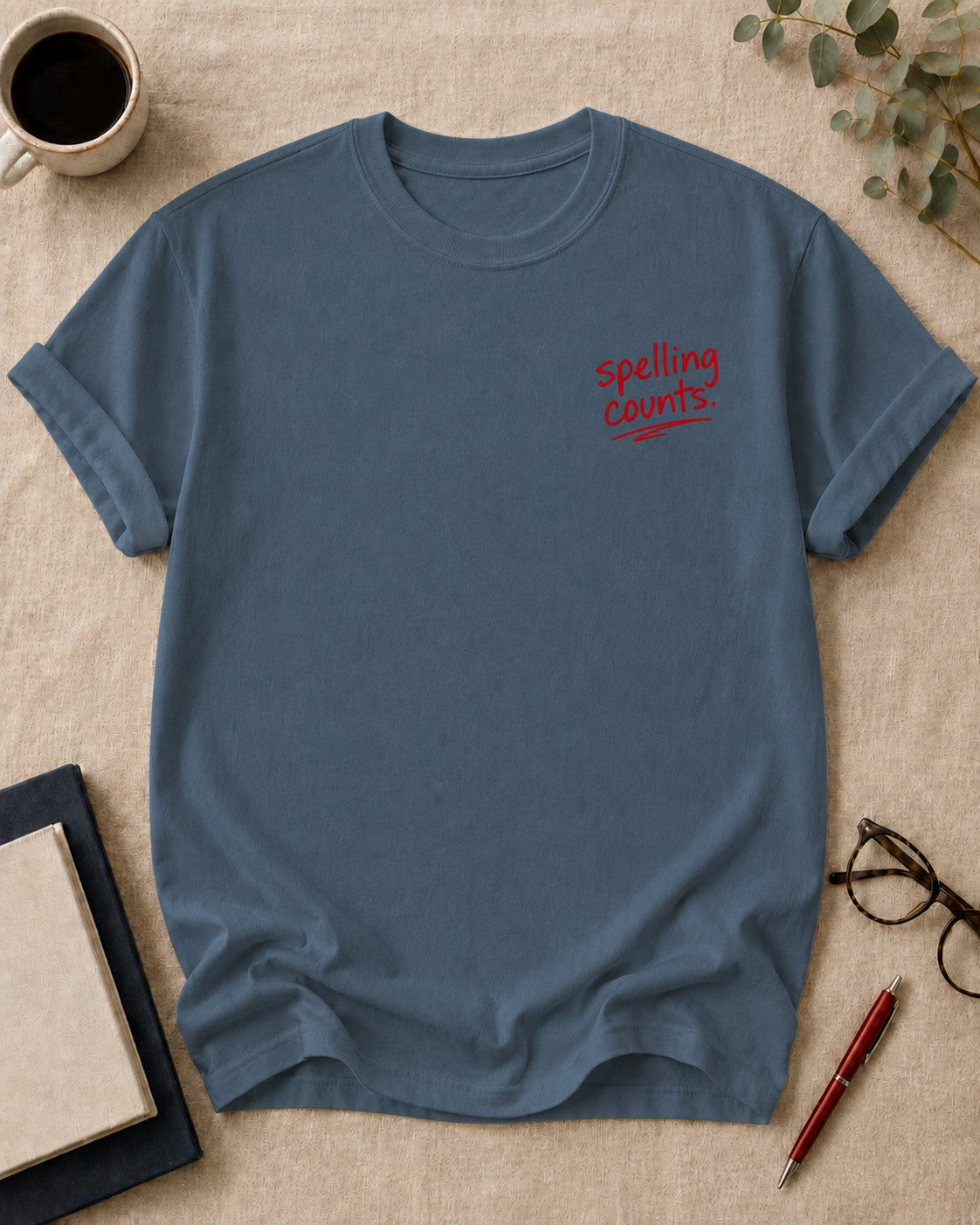 spelling counts — teacher t-shirt in Blue Jean, flat lay