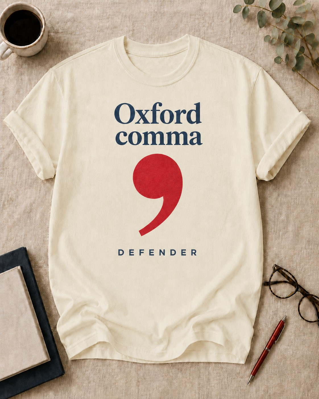 Oxford comma defender — teacher t-shirt in Ivory, flat lay