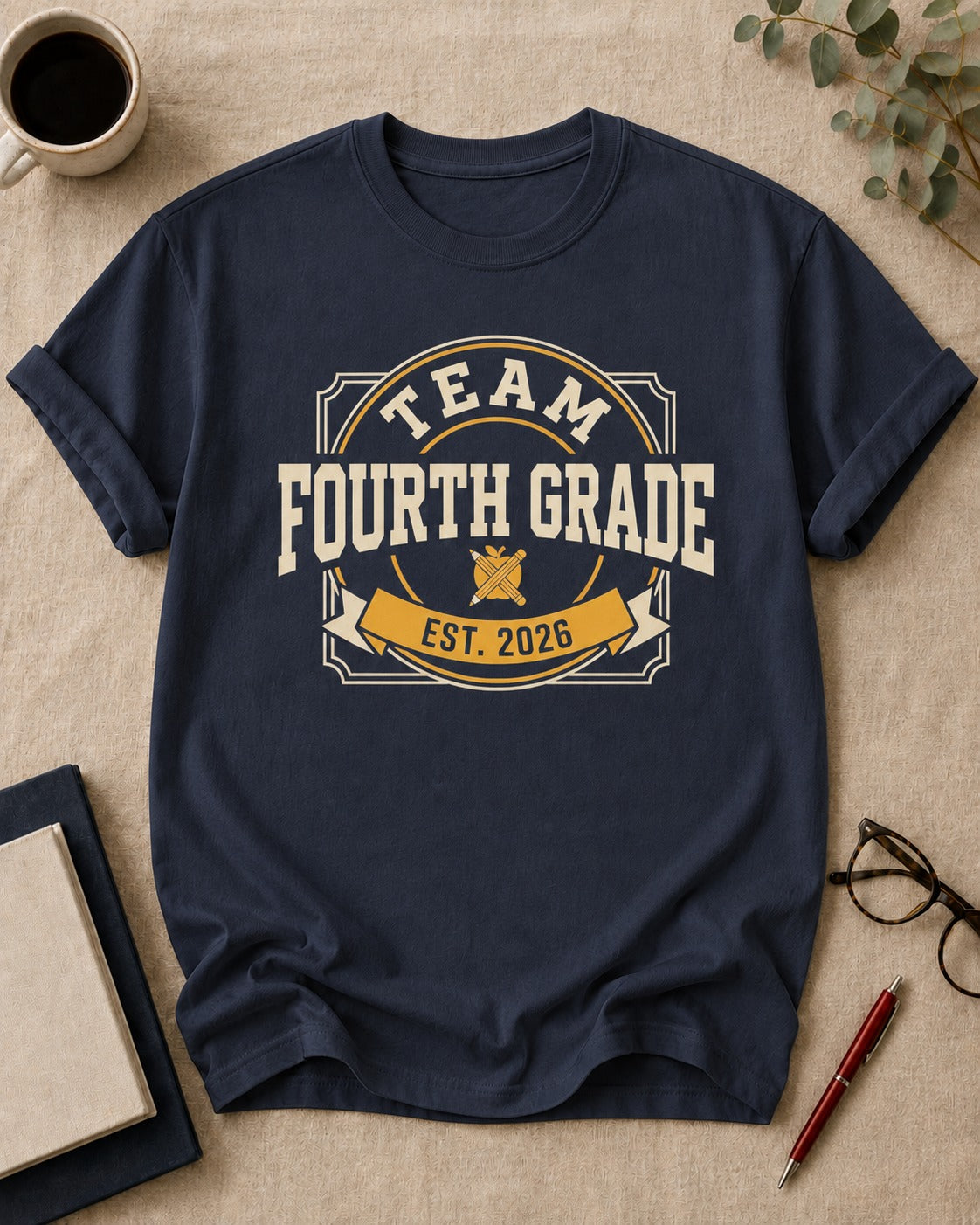 Team Fourth Grade — teacher t-shirt in True Navy, flat lay