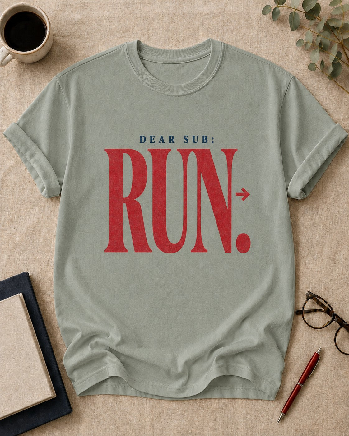 Dear Sub: Run — teacher t-shirt in Bay, flat lay