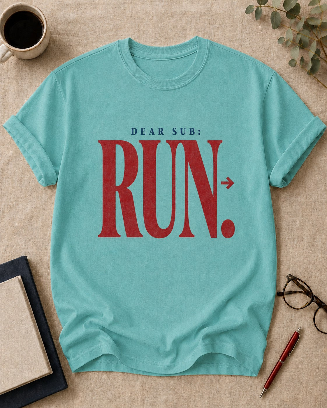 Dear Sub: Run — teacher t-shirt in Chalky Mint, flat lay