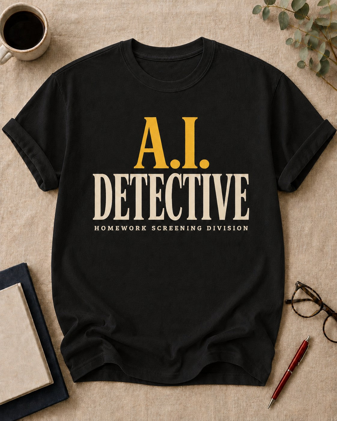 A.I. Detective — teacher t-shirt in Black, flat lay