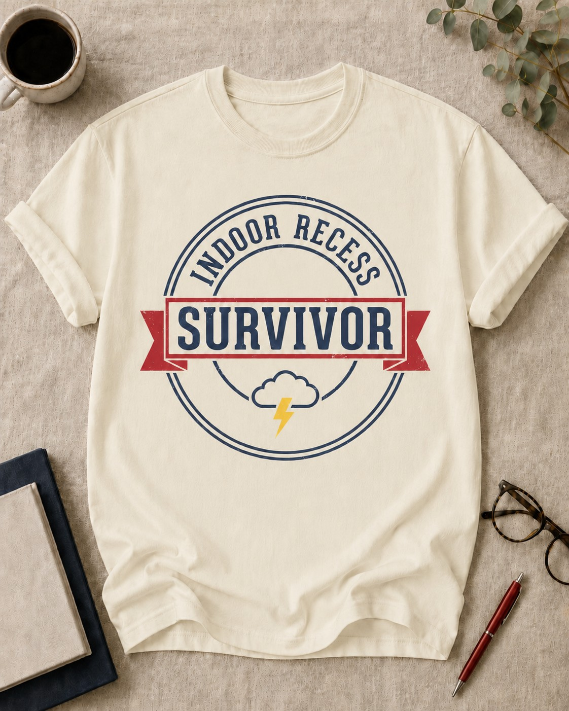 Indoor recess survivor — teacher t-shirt in Ivory, flat lay